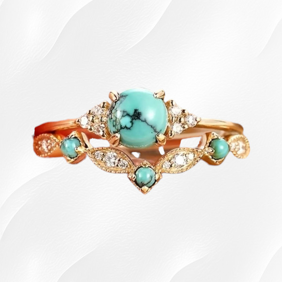 Turquoise Golden Boho Inlaid Round Rhinestones Fashion Stackable Rings Size 7 - Picture 1 of 5